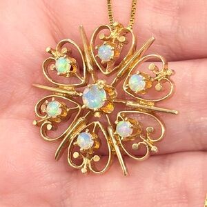 Vintage 14K Natural Opal Filigree Pendant, Large Antique Edwardian Recreation